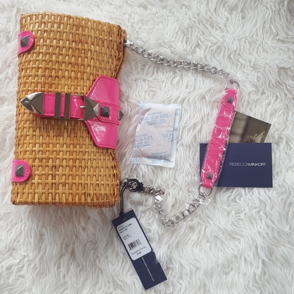 NWT REBECCA MINKOFF PINK PATENT WICKER BASKET BAG